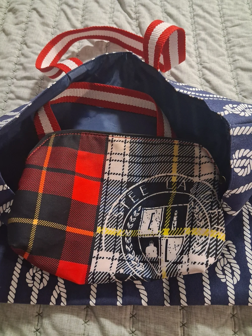 Navy Rope Print Tote with Red Accent Cosmetic Pouch